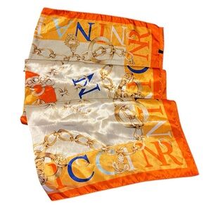 Vintage NINA RICCI PARIS Silk Satin White Orange Signature Scarf Chains 34x34in